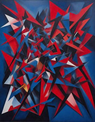 The primary subject of the image is a colorful, abstract artwork featuring a mix of red, blue, and white colors. The setting is a blue background, which contrasts with the vibrant colors of the artwork. The visual style appears to be a combination of digital art and illustration, creating a unique and eye-catching piece. The overall atmosphere of the image is energetic and dynamic, with the artwork's intricate patterns and shapes capturing the viewer's attention.